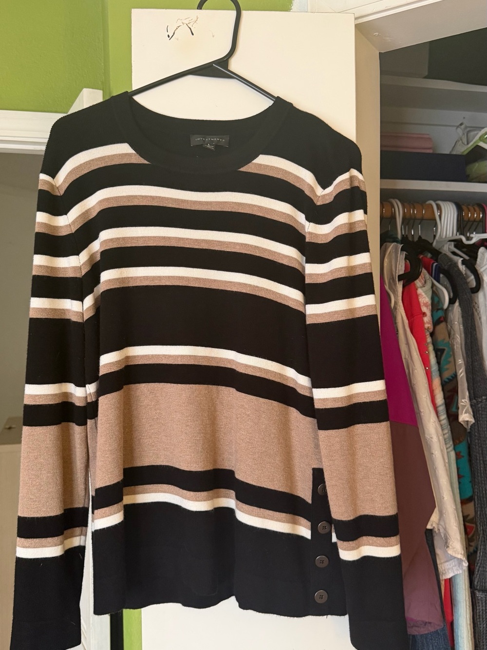 Investments Black, Tan & Cream Striped Crewneck Sweater